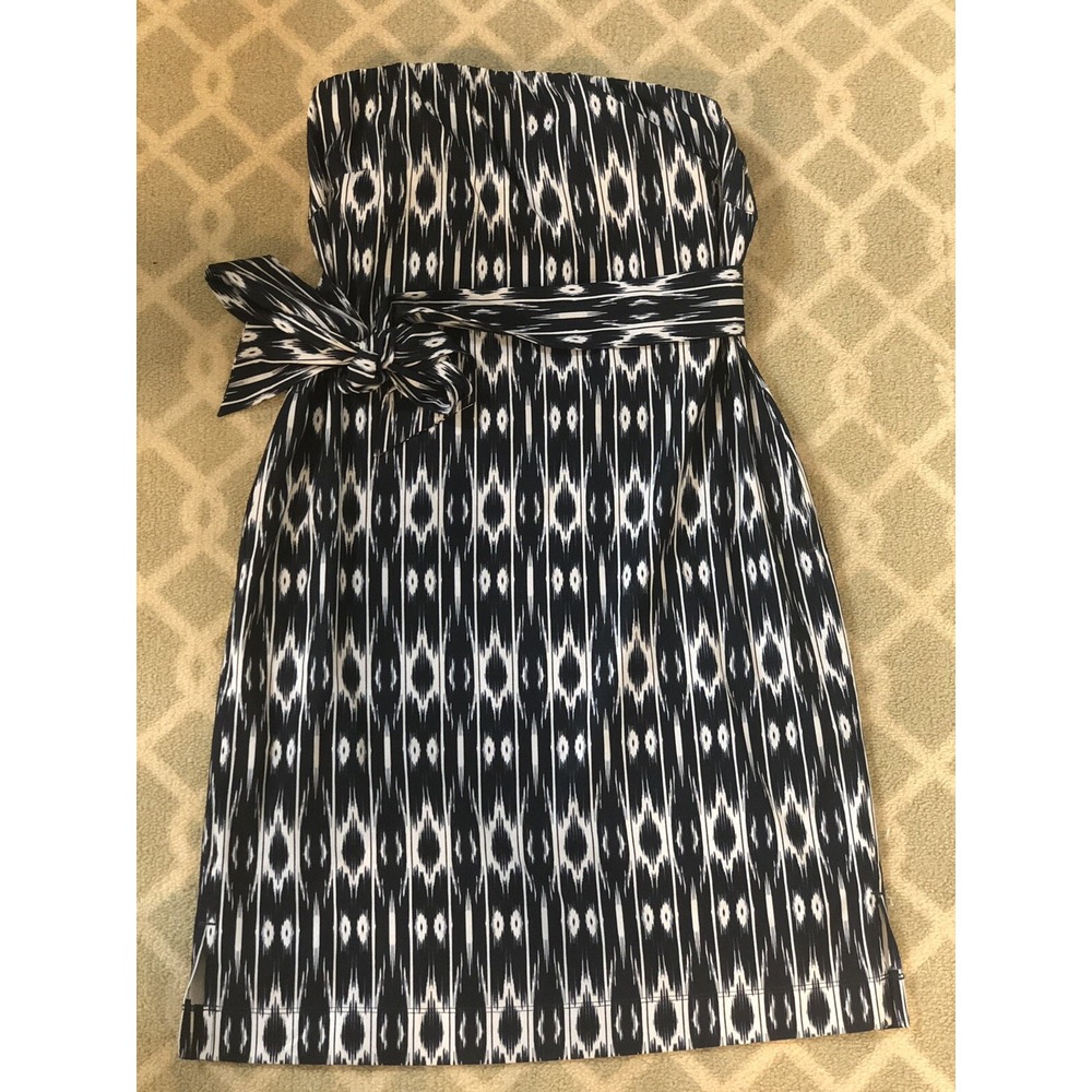 Athleta Ikat Strapless Anywhere Blue White Belted Sash Summer Beach Dress 4